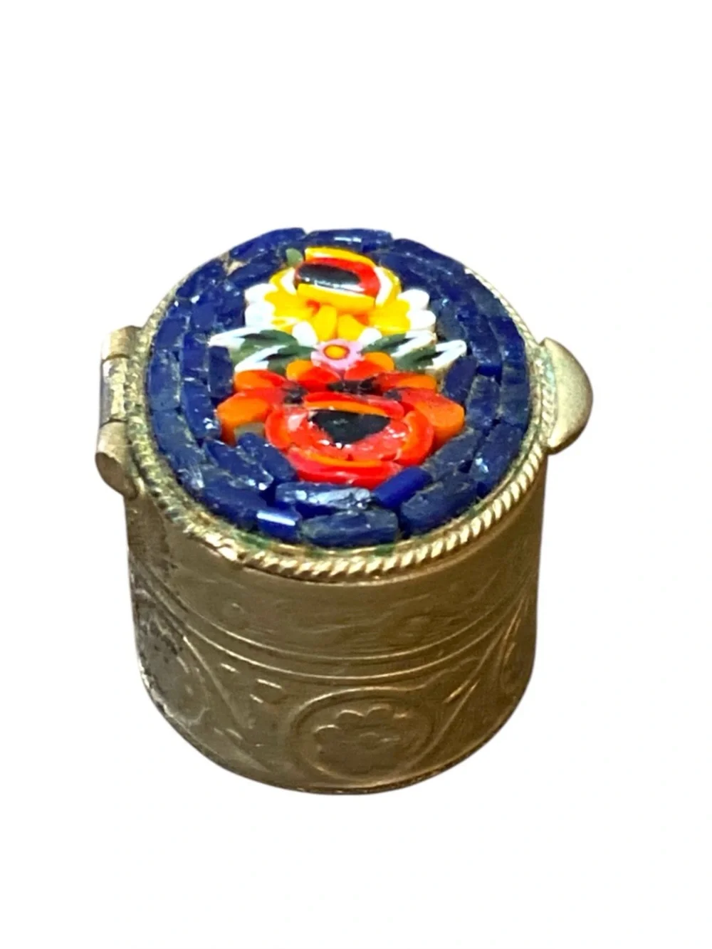 Vintage Italian Micro Mosaic Pill Box Blue Floral Gold Tone Metal Trinket 1.25”